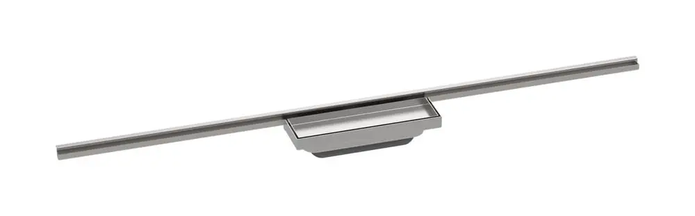 Duschrinne von Hansgrohe mit schmalem Abflussbereich und seitlichen Führungsschienen, geeignet für eine minimalistische Dusche.
